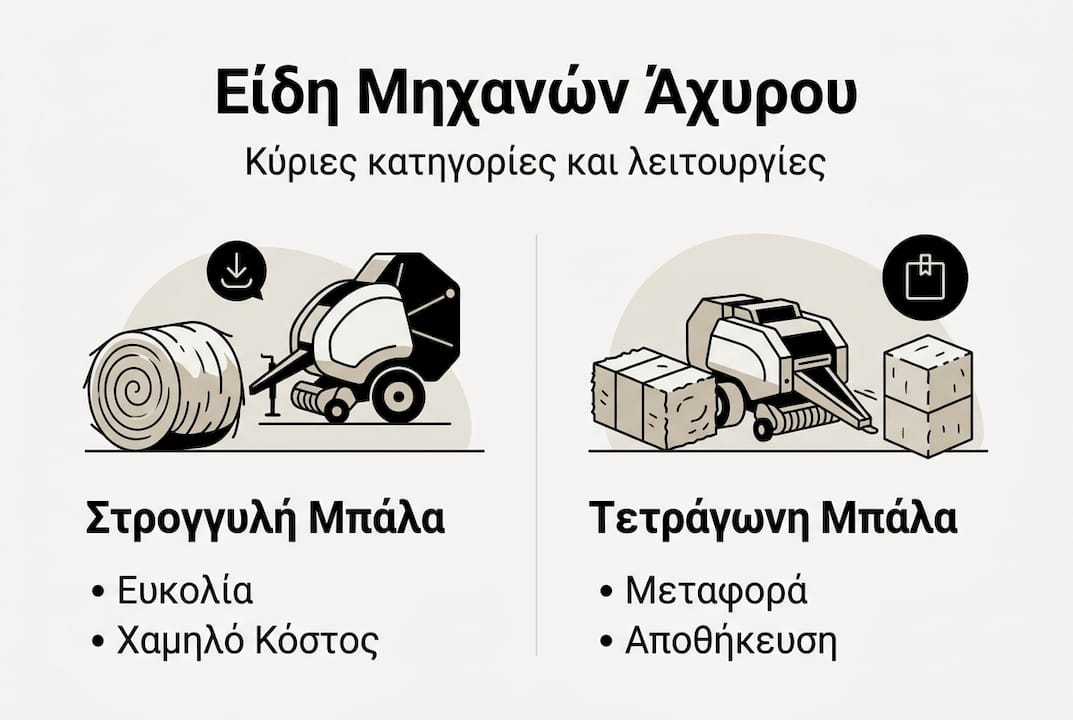 Γραφικό με τις βασικότερες κατηγορίες και τα κύρια χαρακτηριστικά των μηχανών για άχυρο