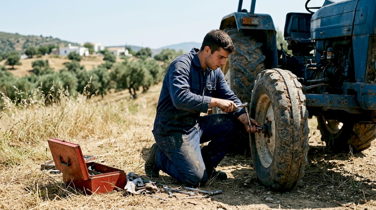 Mechanic repairing tractor in Greek farmland
