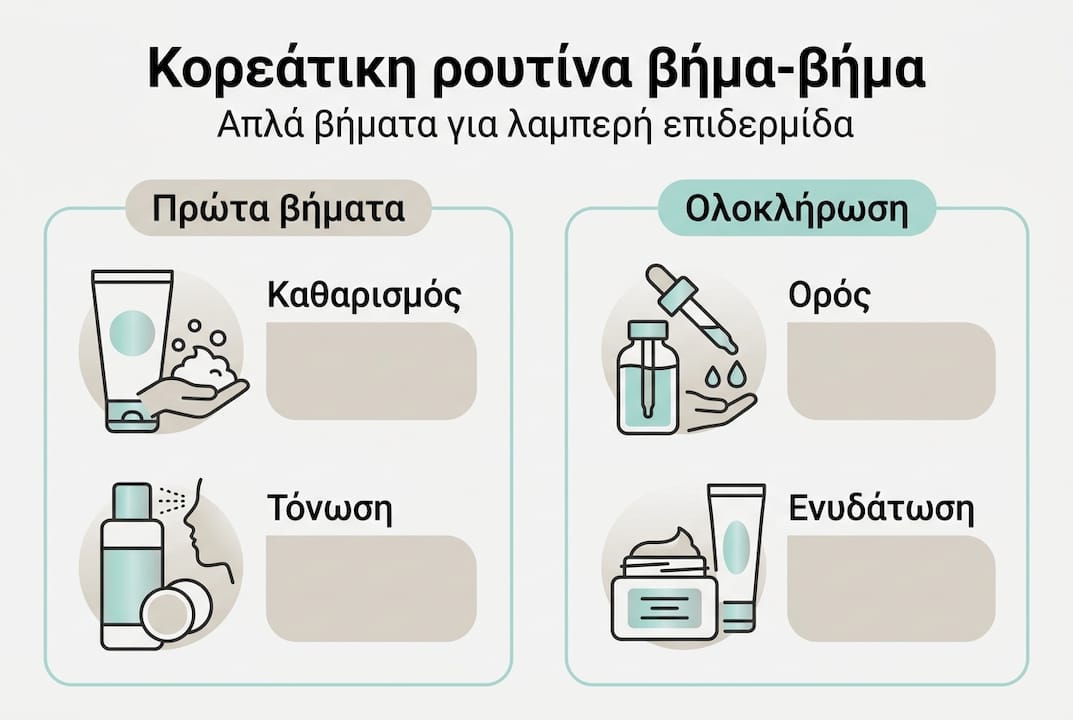 Εικονογράφηση με τα βασικά βήματα της κορεάτικης ρουτίνας περιποίησης προσώπου