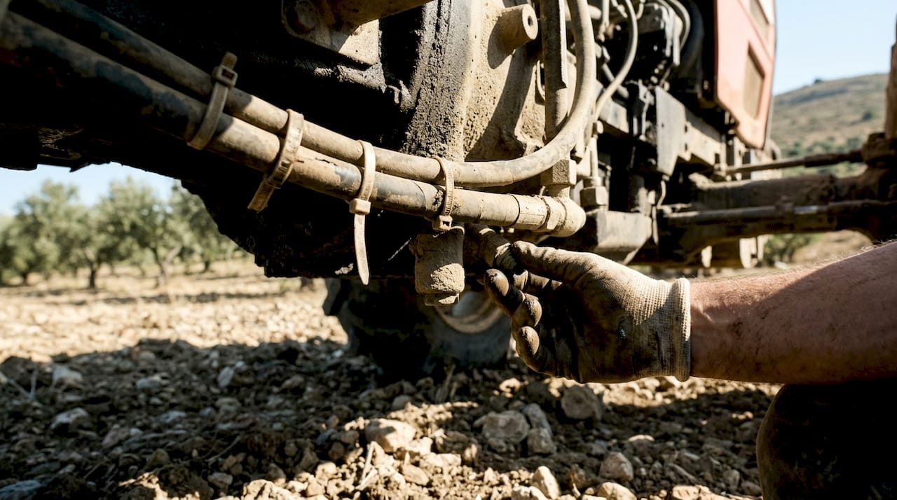Mechanic inspecting tractor lubrication in rocky field