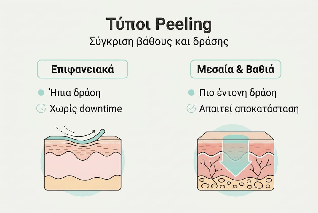 Ενημερωτικό γράφημα με σύγκριση διαφορετικών ειδών peeling για το πρόσωπο