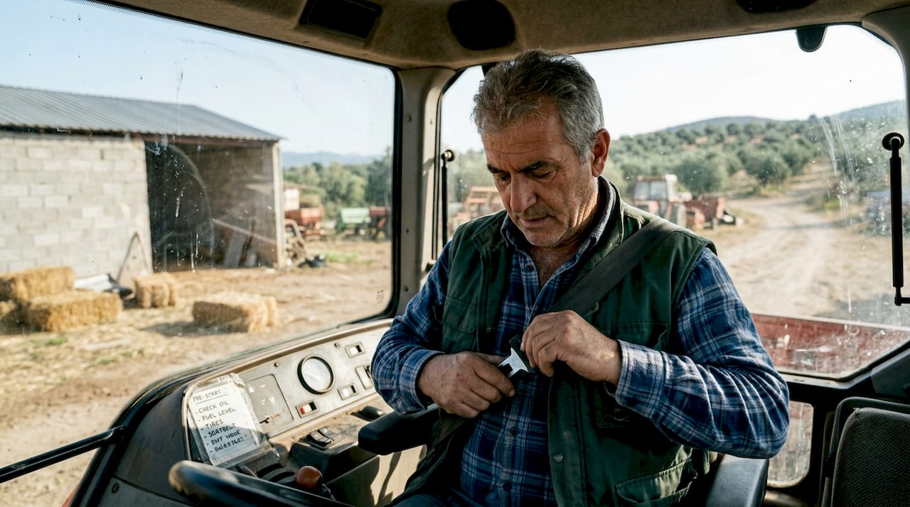 Farmer fastening seatbelt in tractor cab
