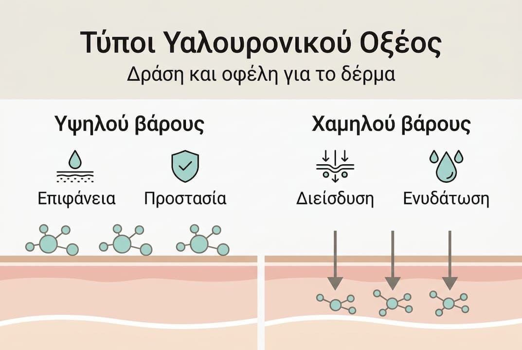 Ρόλος των υαλουρονικών στην αντιγήρανση και ενυδάτωση 3 Μίνιμαλ γραφικό: Είδη υαλουρονικού οξέος και τα οφέλη τους με μια ματιά