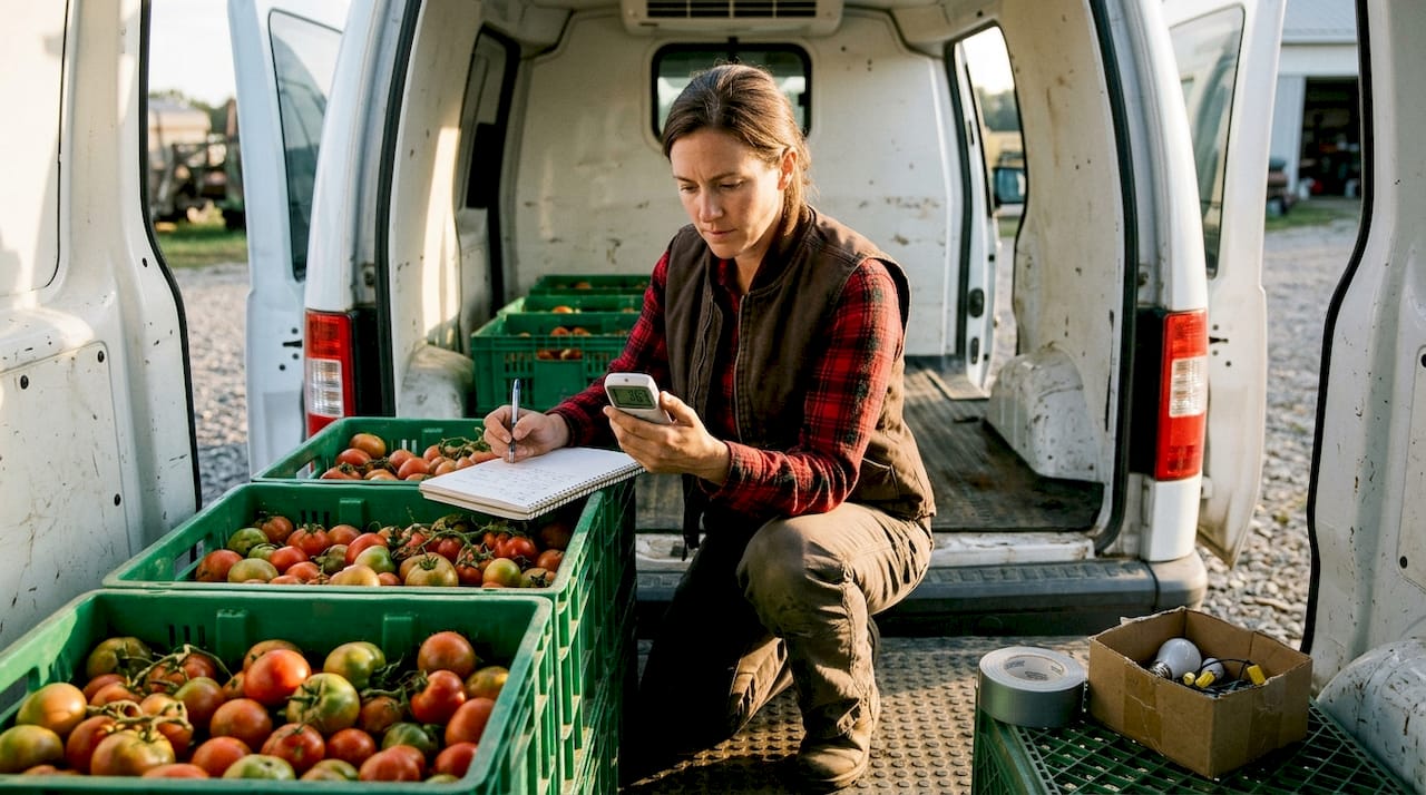 Farmworker monitors cold chain temperature in van
