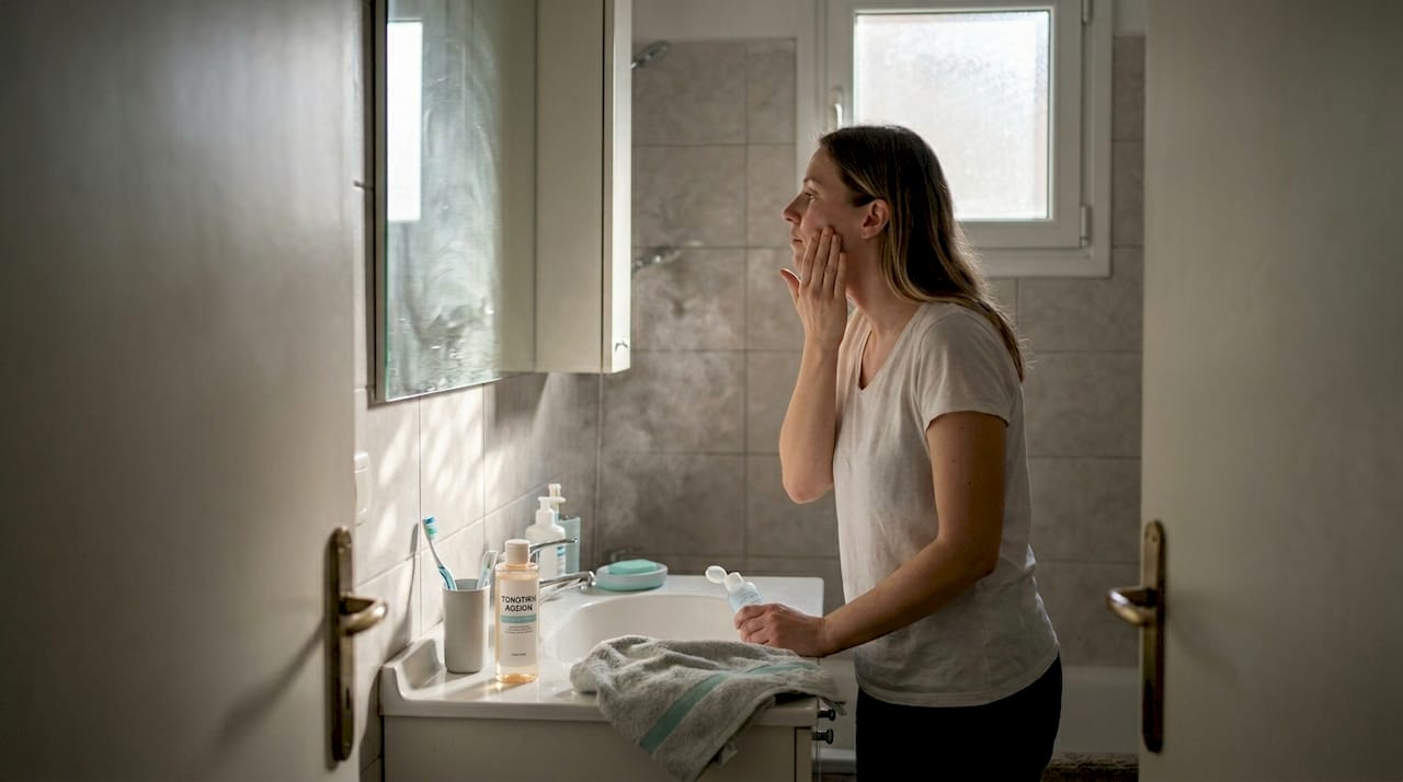 Τι είναι το glass skin και πώς να το πετύχετε 2 Βάζω τόνερ στα μάγουλά μου με απαλές κινήσεις μπροστά στον καθρέφτη του μπάνιου.