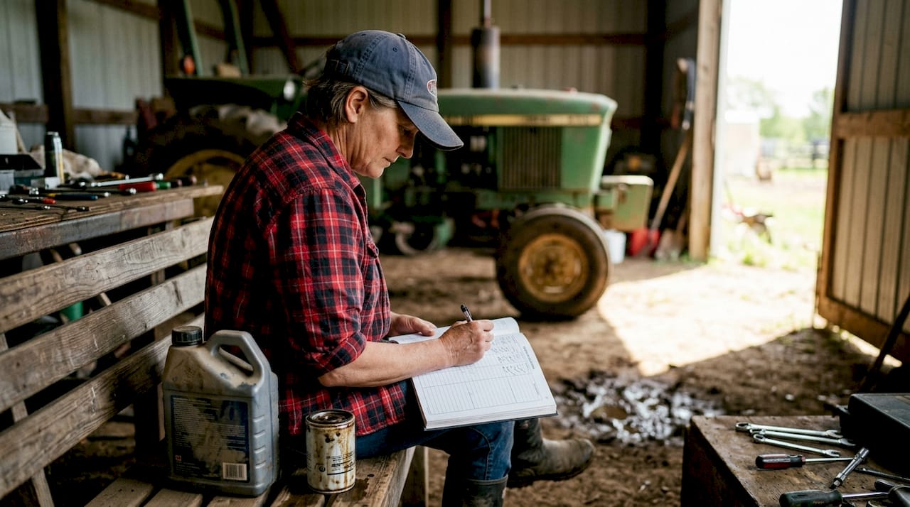 Farm worker updating tractor maintenance logbook