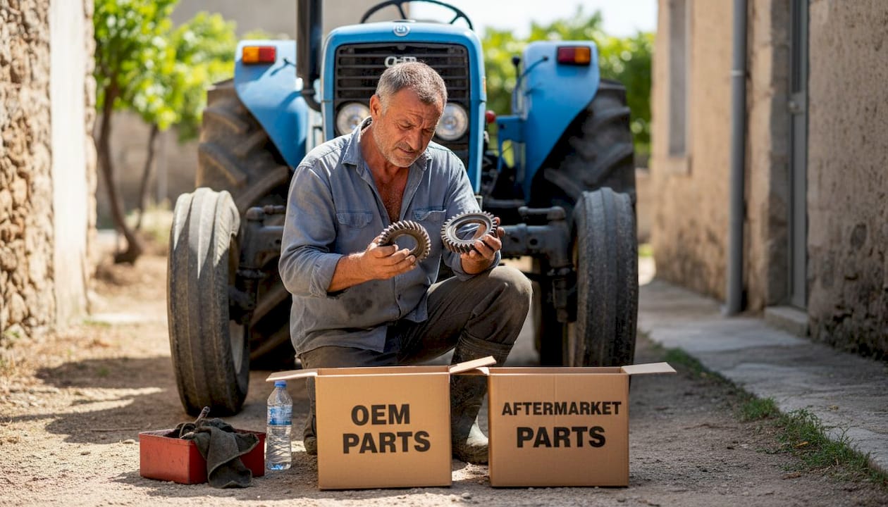 Farmer comparing OEM and aftermarket tractor parts
