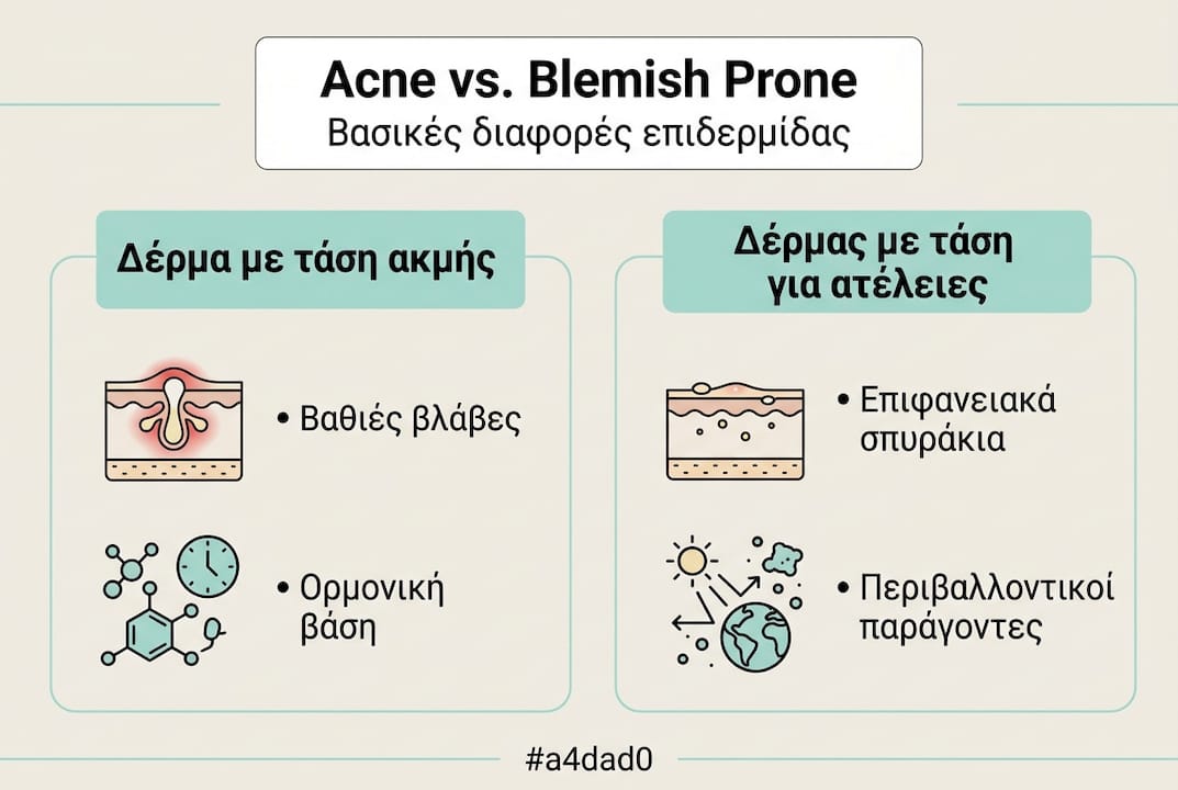 Acne prone δέρμα: Τι σημαίνει και πώς να το φροντίσετε 3 Εικονογράφηση που αναδεικνύει τις διαφορές ανάμεσα σε επιδερμίδα με ακμή και σε δέρμα με τάση για ατέλειες.