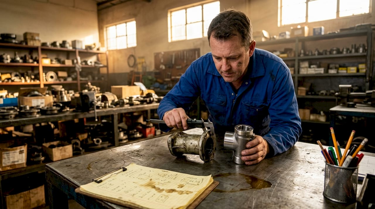 Engineer compares tractor parts on workbench