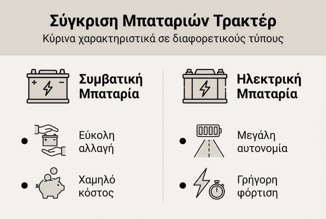 Εικονογραφημένη σύγκριση μεταξύ μπαταριών συμβατικών και ηλεκτρικών τρακτέρ: Πλεονεκτήματα, μειονεκτήματα και βασικές διαφορές.