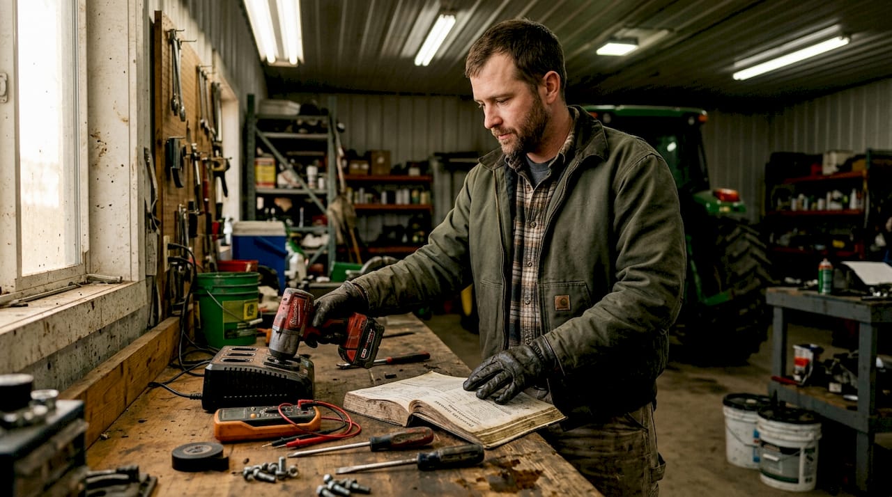 Mechanic charging power tool on farm workbench