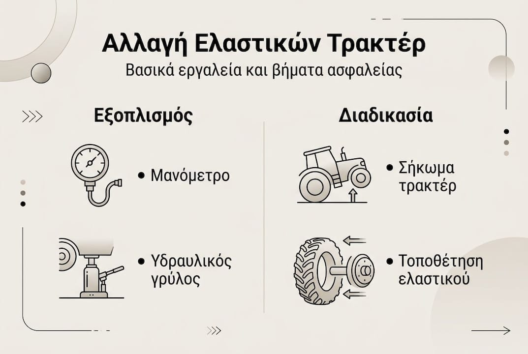 Οδηγός με όλα τα απαραίτητα για την αλλαγή ελαστικών τρακτέρ – τι πρέπει να γνωρίζετε, τι εργαλεία χρειάζεστε και χρήσιμες συμβουλές για να γίνει η διαδικασία πιο εύκολη και ασφαλής.
