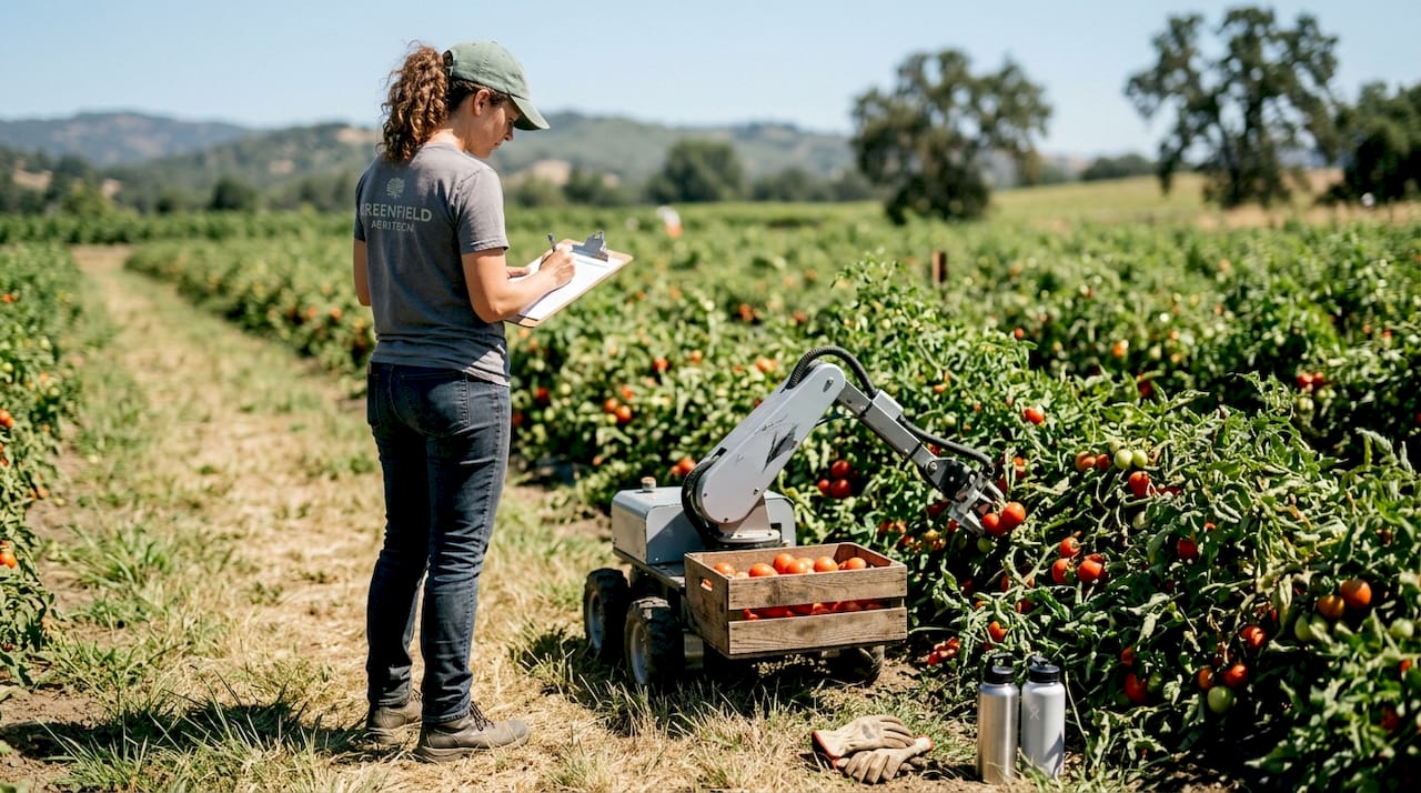 Technician observes robotic harvester picking tomatoes