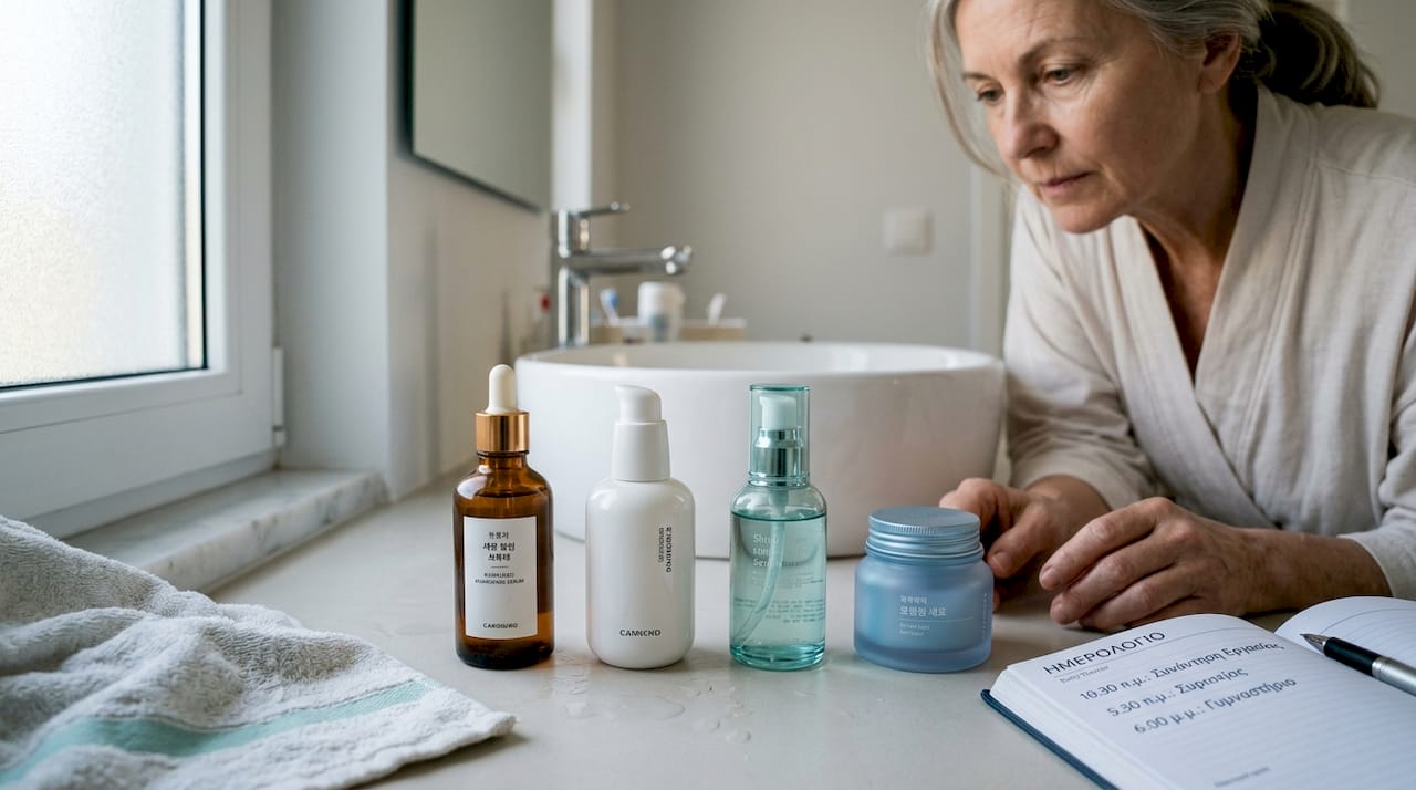Παραδείγματα ορού προσώπου: 7 K-beauty επιλογές 2 Μπουκαλάκια με κορεάτικους ορούς προσώπου στο μπάνιο, δίπλα στον καθρέφτη – μια μικρή συλλογή ομορφιάς για κάθε ανάγκη της επιδερμίδας.