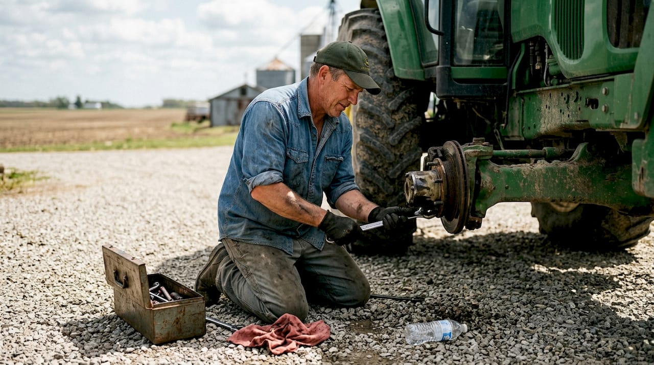 Farmer removing part from tractor for inspection