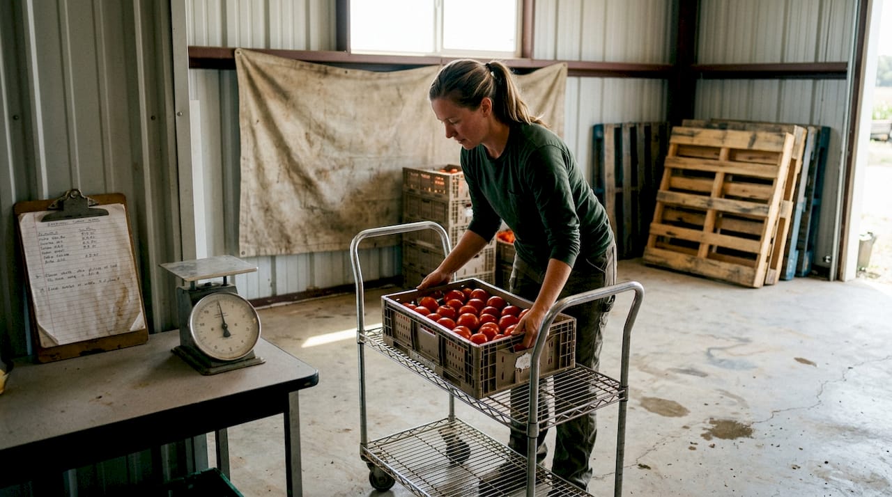 Worker moves tomato crates inside rural warehouse