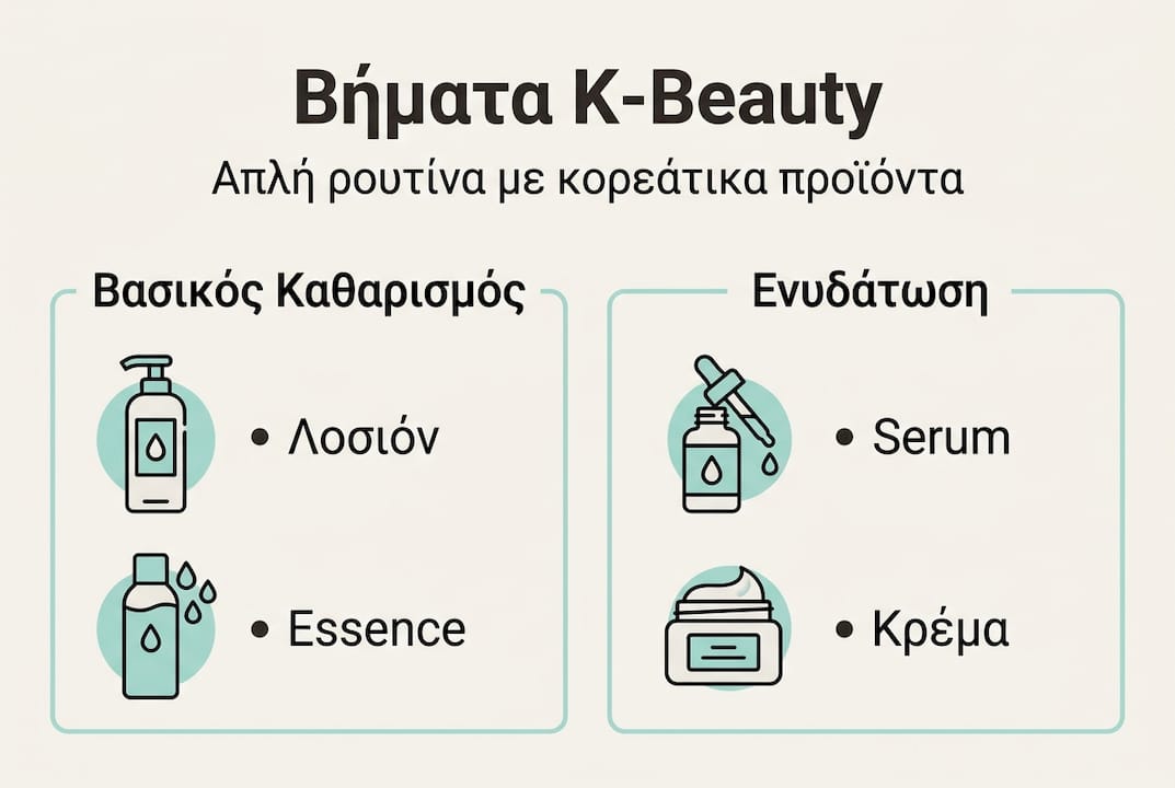 Εικονογραφημένος οδηγός με τα βήματα της κορεάτικης ρουτίνας περιποίησης προσώπου