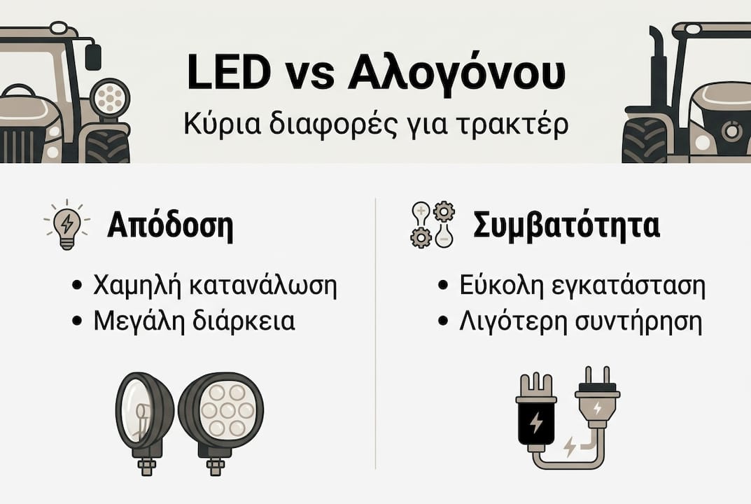 Γραφικό με σύγκριση μεταξύ LED και αλογόνων φώτων για τρακτέρ