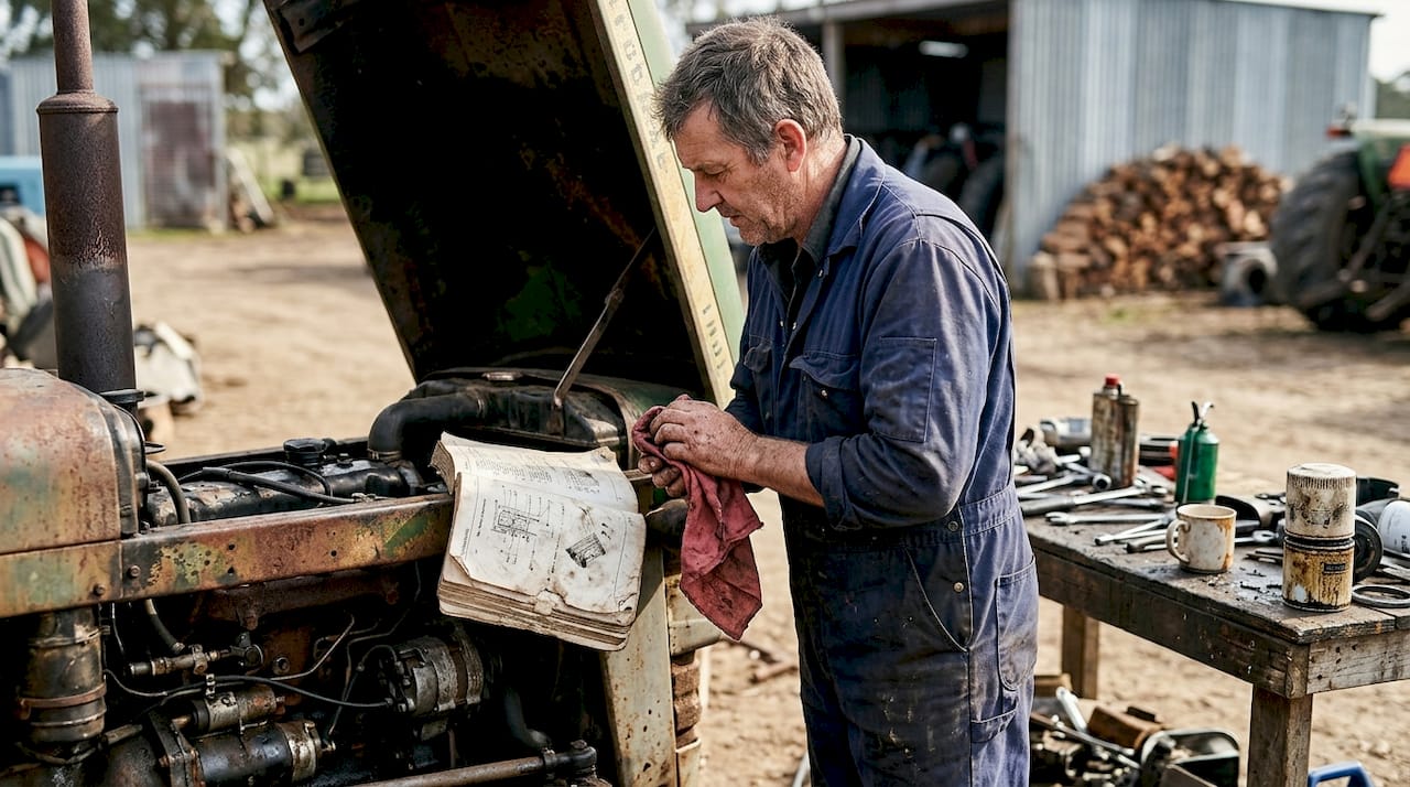 Mechanic checking old tractor engine outdoors