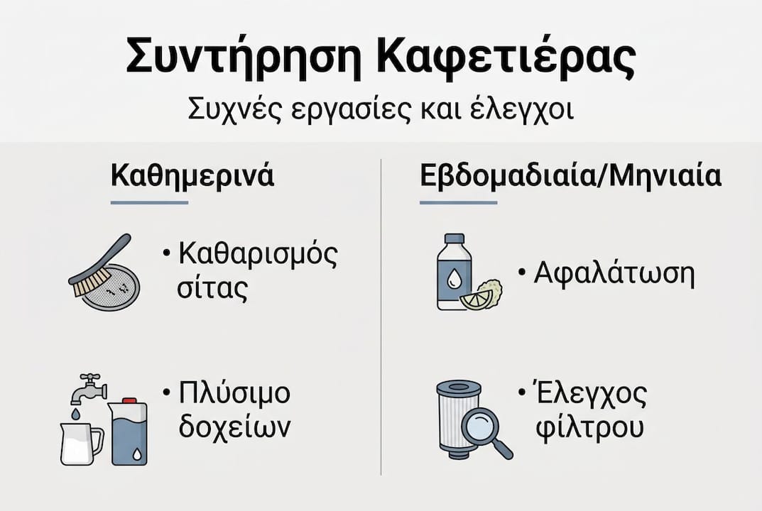 Εικονογραφημένος οδηγός με βασικές εργασίες συντήρησης της καφετιέρας