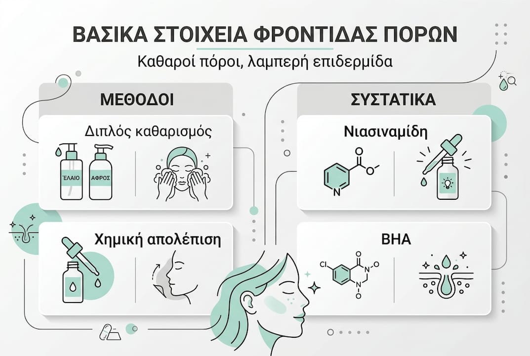 Pore care: Οδηγός για καθαρούς πόρους και λαμπερή επιδερμίδα 2 Εικονογραφημένος οδηγός με συμβουλές και συστατικά για σωστή φροντίδα των πόρων