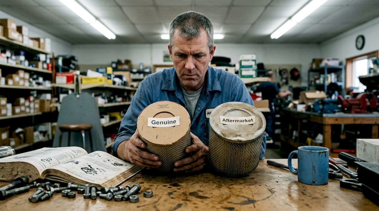 Technician comparing tractor replacement parts