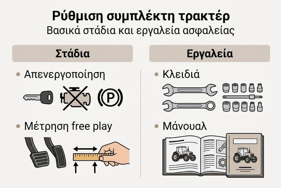 Γραφικό με αναλυτικά βήματα και τα απαραίτητα εργαλεία για σωστή ρύθμιση συμπλέκτη
