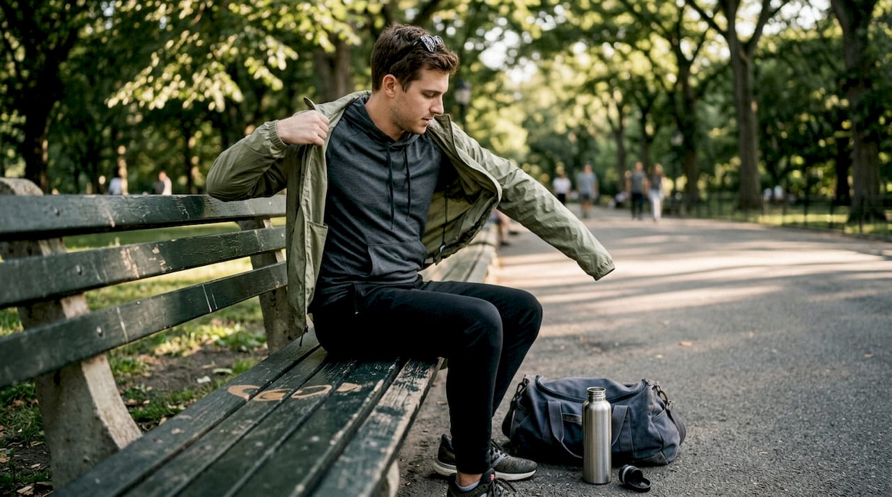 Τι Είναι Το Athleisure Και Πώς Αλλάζει Το Σύγχρονο Στυλ 2 Ένας Άνδρας Κάθεται Σε Παγκάκι Στο Πάρκο Και Φοράει Αθλητικά Ρούχα Σε Στιλ Layering.