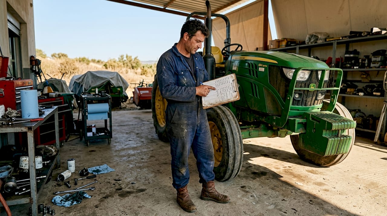 Technician reviewing tractor service checklist outside