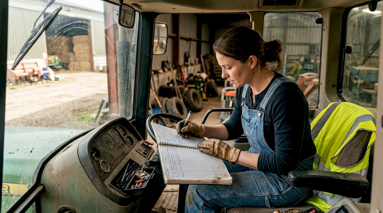 Worker logging tractor maintenance in cabin