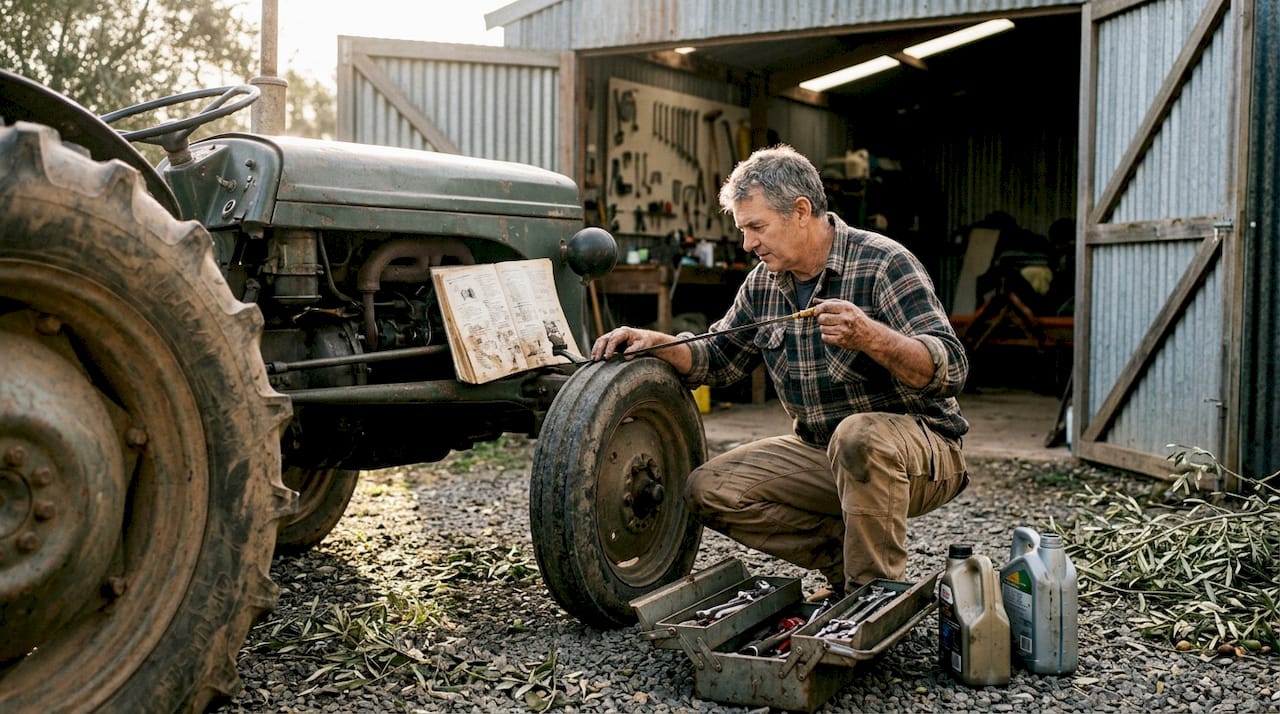 Mechanic checking tractor fluids rural shed