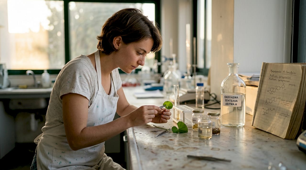 Μια ερευνήτρια μελετά το φυτό centella asiatica στο εργαστήριο, εξετάζοντας τις ιδιότητές του και τα πιθανά οφέλη του.