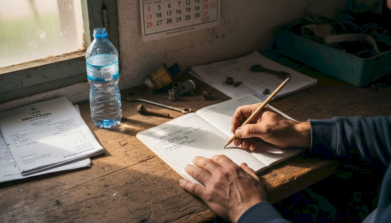 Hands filling tractor maintenance logbook