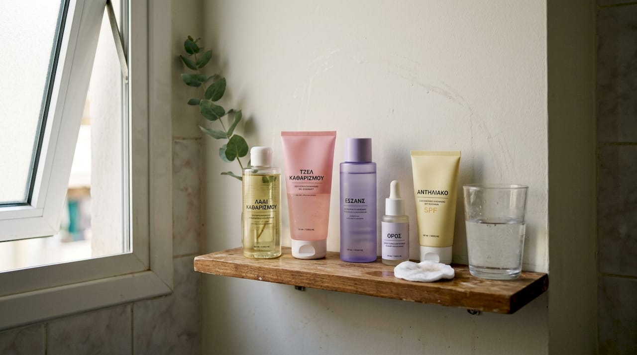 Βήματα για λαμπερό δέρμα με K-beauty τεχνικές 2 Διάφορα προϊόντα περιποίησης προσώπου τακτοποιημένα στο ράφι του μπάνιου.