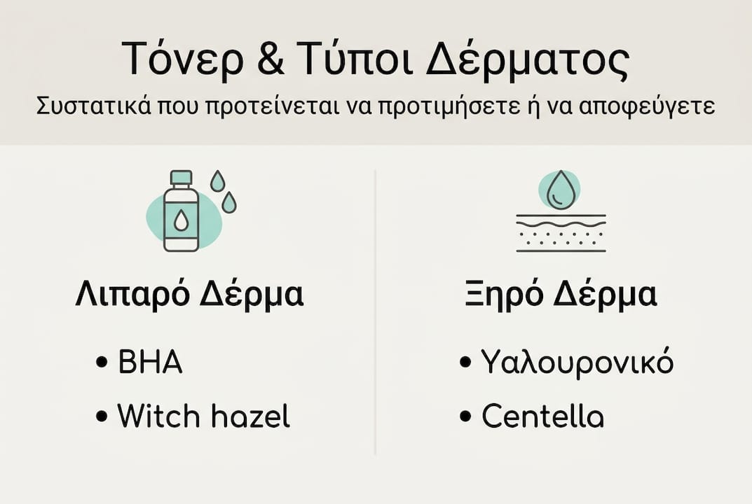Infographic: Τόνερ προσώπου και τα βασικά συστατικά που ταιριάζουν σε κάθε τύπο δέρματος