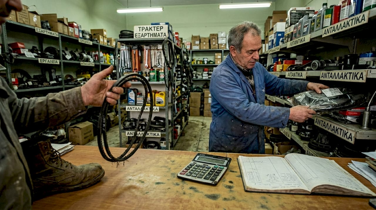 Farmer at Greek agricultural parts counter
