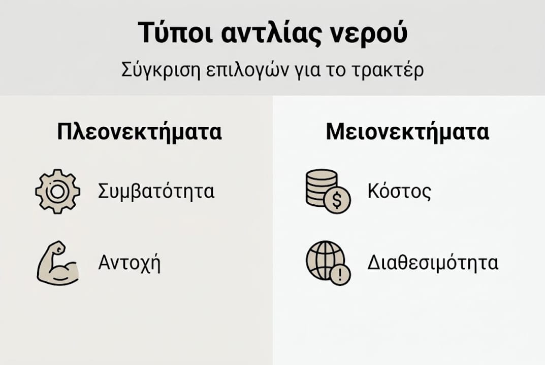 Γραφική απεικόνιση με τα βασικά χαρακτηριστικά και τις διαφορές των διαφόρων τύπων αντλιών νερού για τρακτέρ