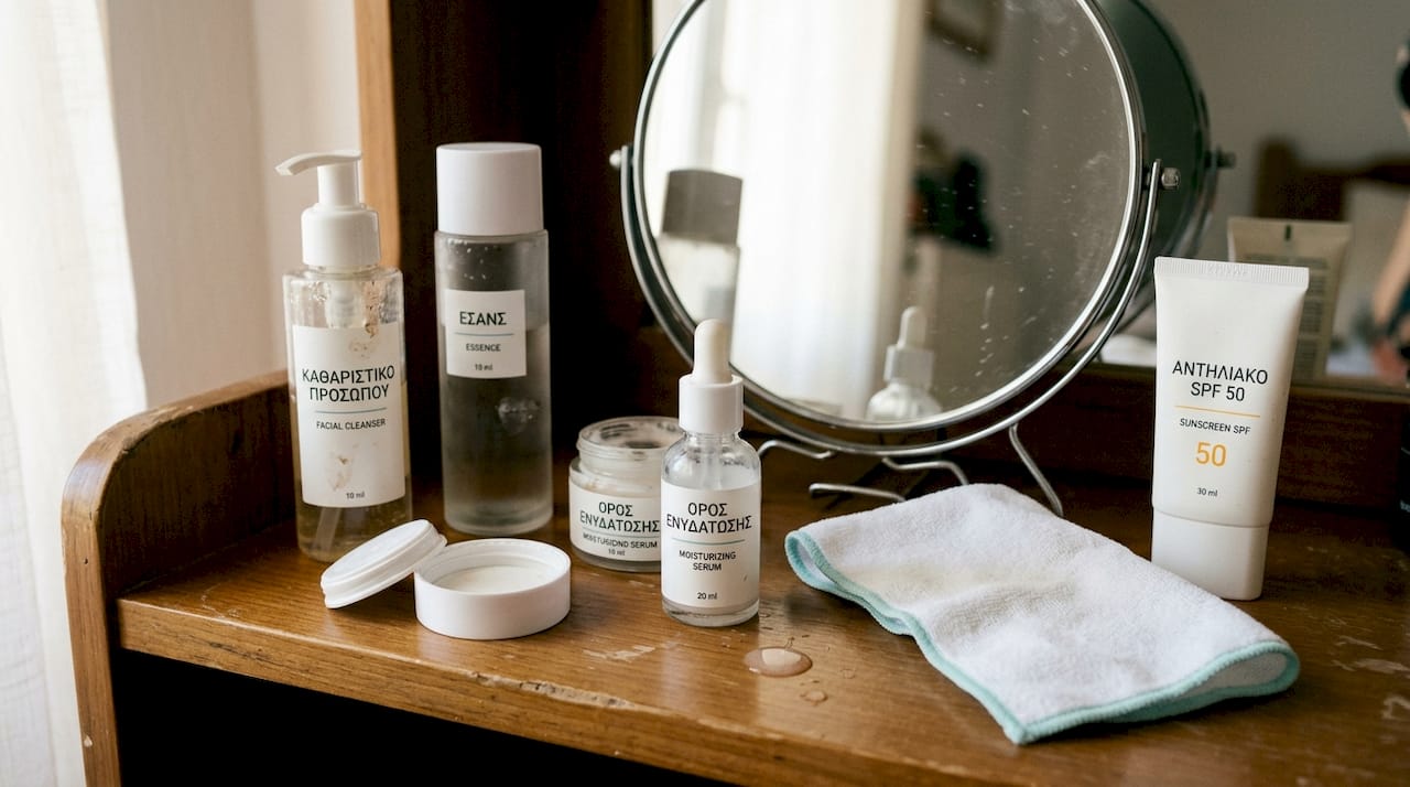 Τα αγαπημένα μου προϊόντα K-beauty για κάθε μέρα, όμορφα τακτοποιημένα στο ράφι του υπνοδωματίου μου.