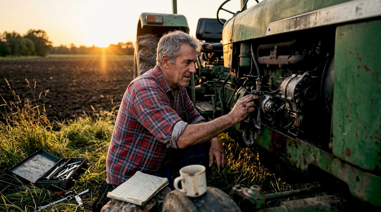 Mechanic checking tractor for early wear