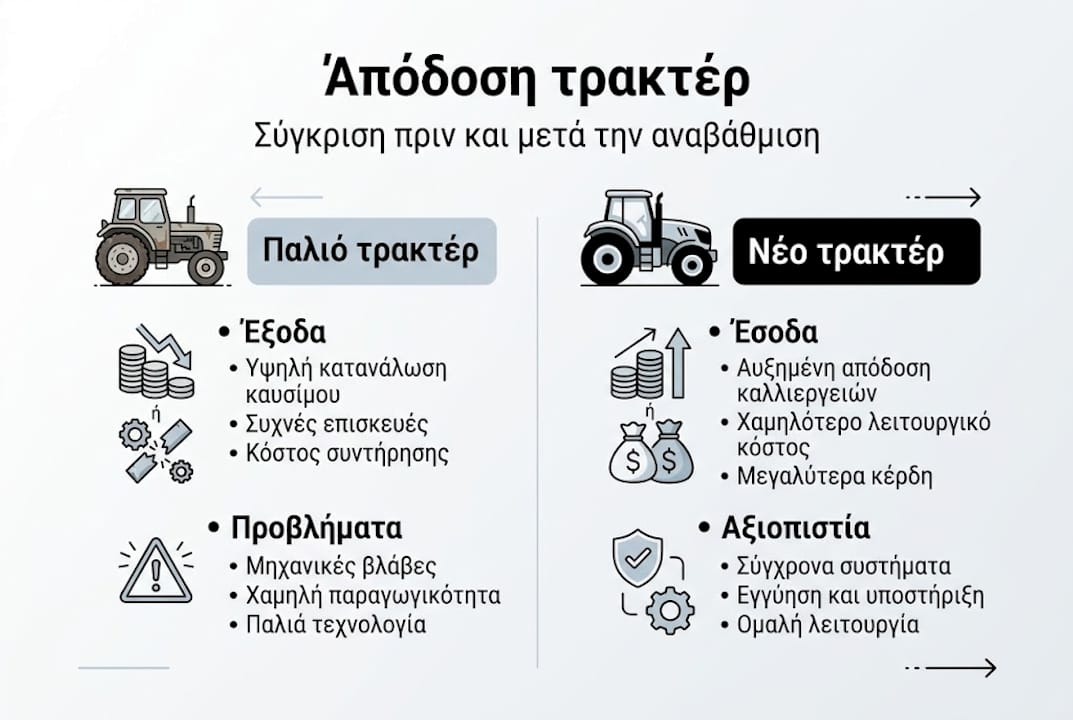 Γραφική απεικόνιση με τα βασικά σημεία που ξεχωρίζουν το παλιό από το καινούργιο τρακτέρ