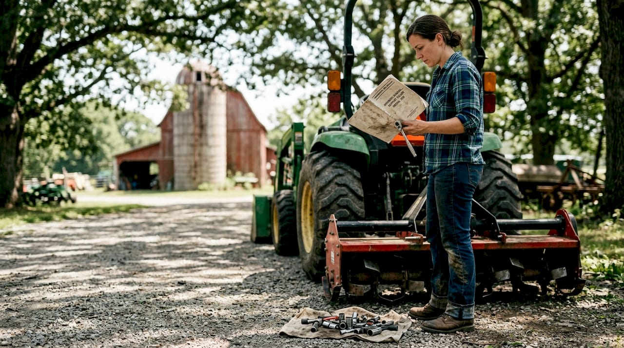 Farmer assembling tractor attachment using manual