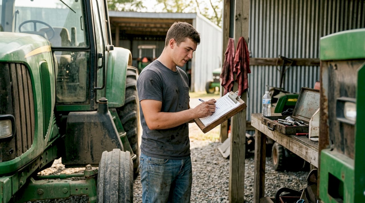 Worker checking tractor maintenance checklist