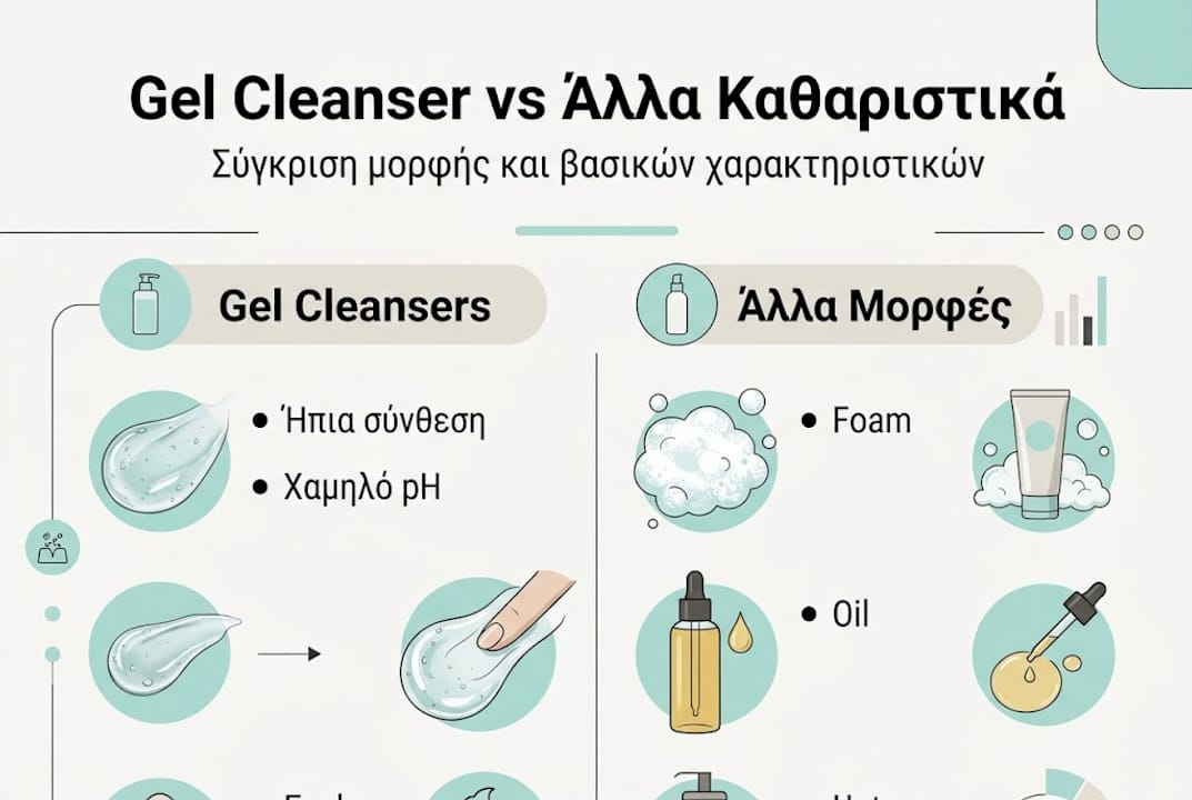 Gel cleanser: Γιατί αλλάζει τη ρουτίνα σου; 2 Διαδραστικό γράφημα με τα βασικά πλεονεκτήματα και διαφορές μεταξύ gel καθαριστικών και άλλων τύπων προϊόντων καθαρισμού προσώπου.