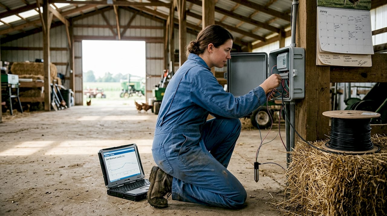 Technician installs sensor and monitors data barn