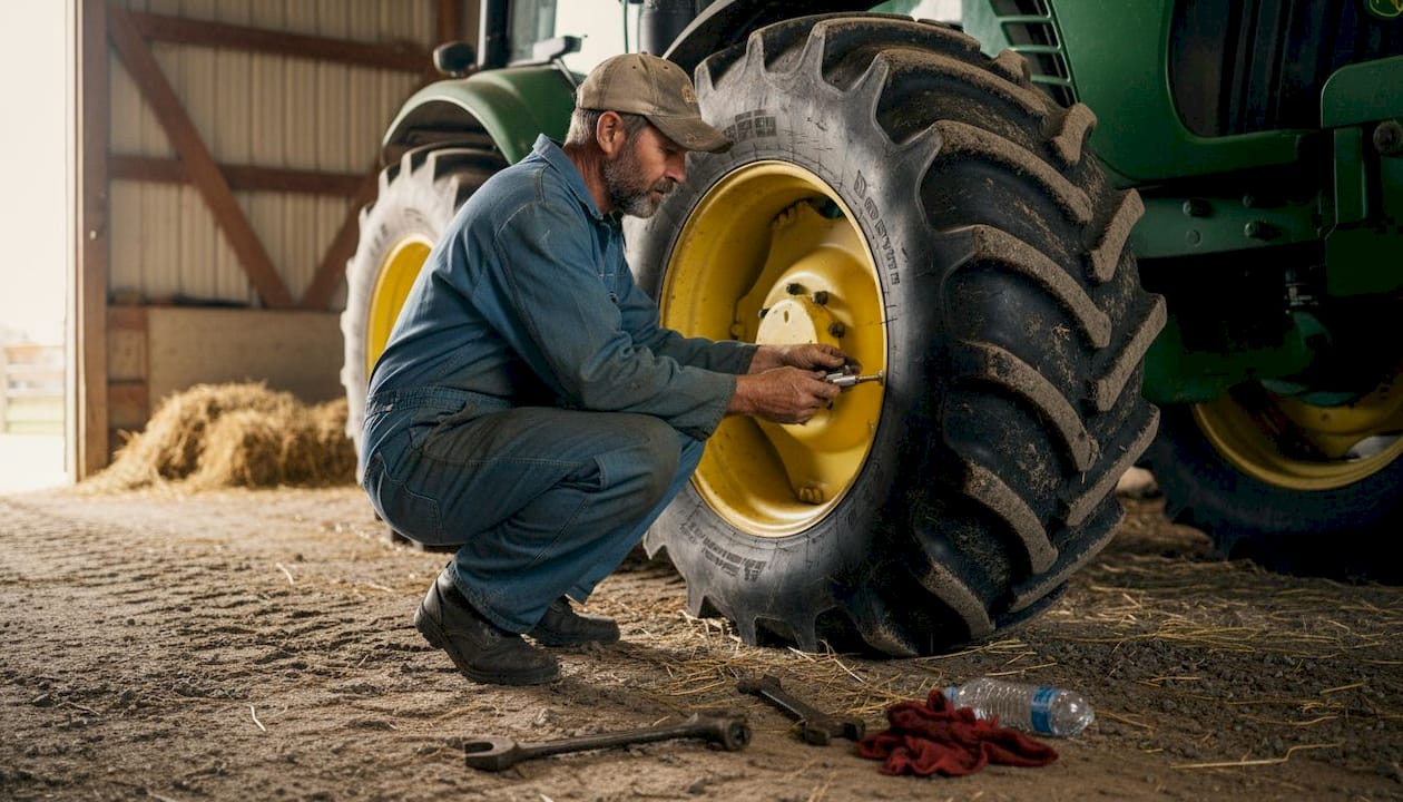 Farm worker checking tractor tire pressure