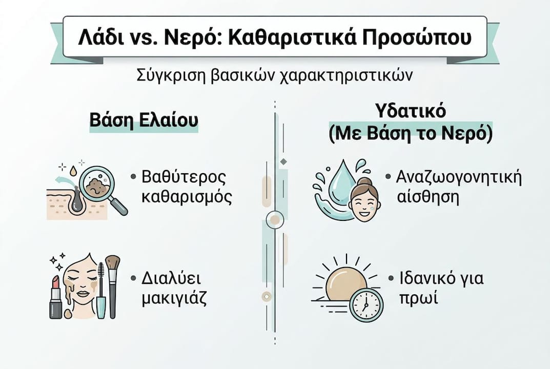 Λιτή και κατανοητή απεικόνιση που αναδεικνύει τις βασικές διαφορές ανάμεσα στα είδη καθαριστικών προσώπου