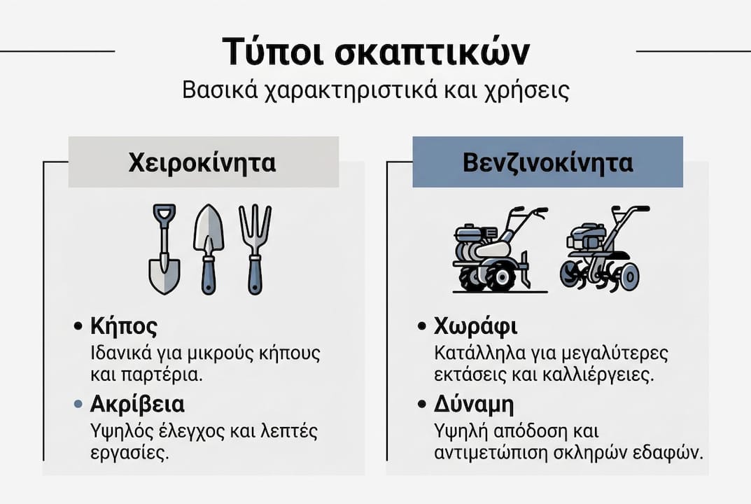 Εικονογραφημένος οδηγός με κατηγορίες σκαπτικών μηχανημάτων και βασικά χαρακτηριστικά
