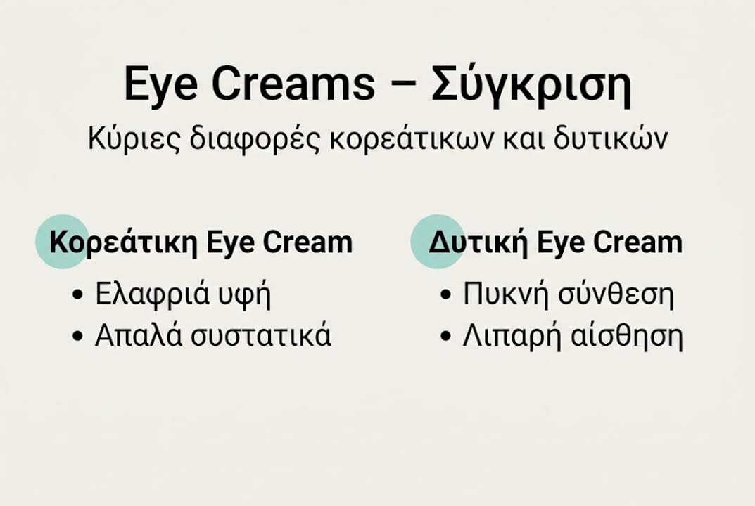 Εικονογράφηση με συγκριτικά στοιχεία ανάμεσα σε κορεάτικες και δυτικές κρέμες ματιών