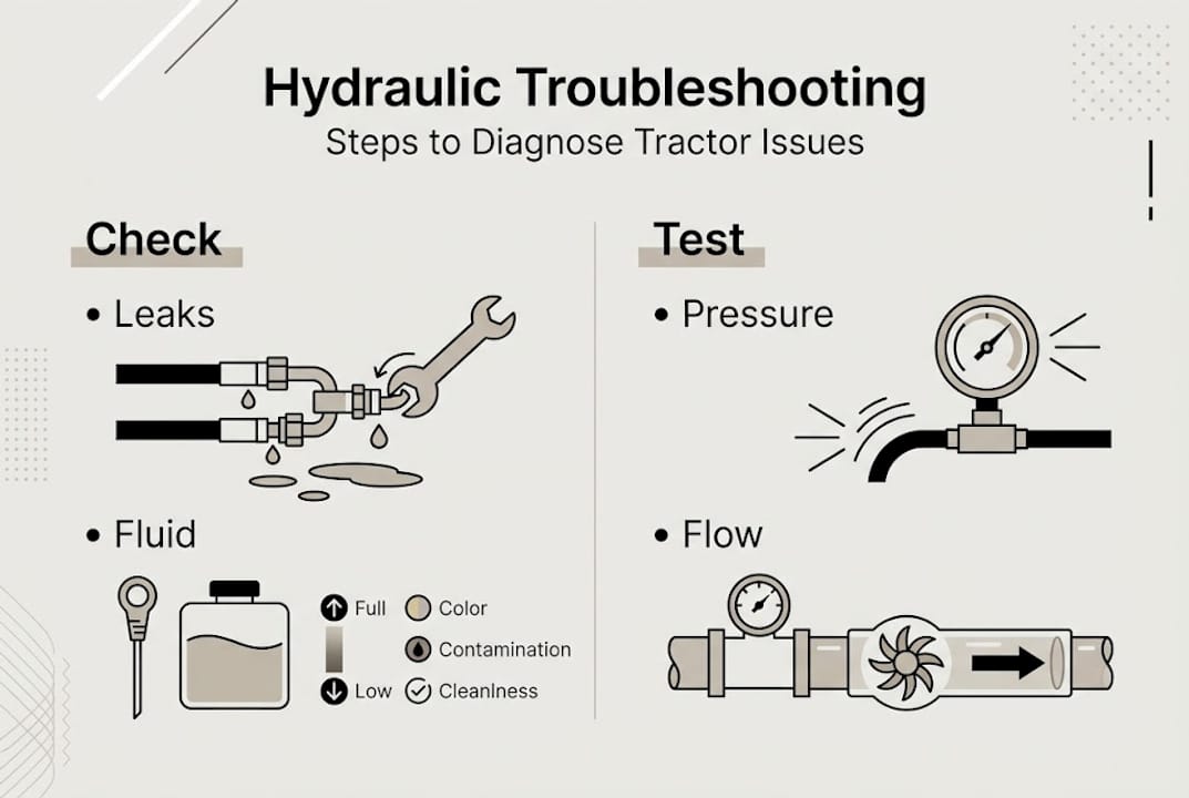 Infographic showing tractor hydraulic troubleshooting steps