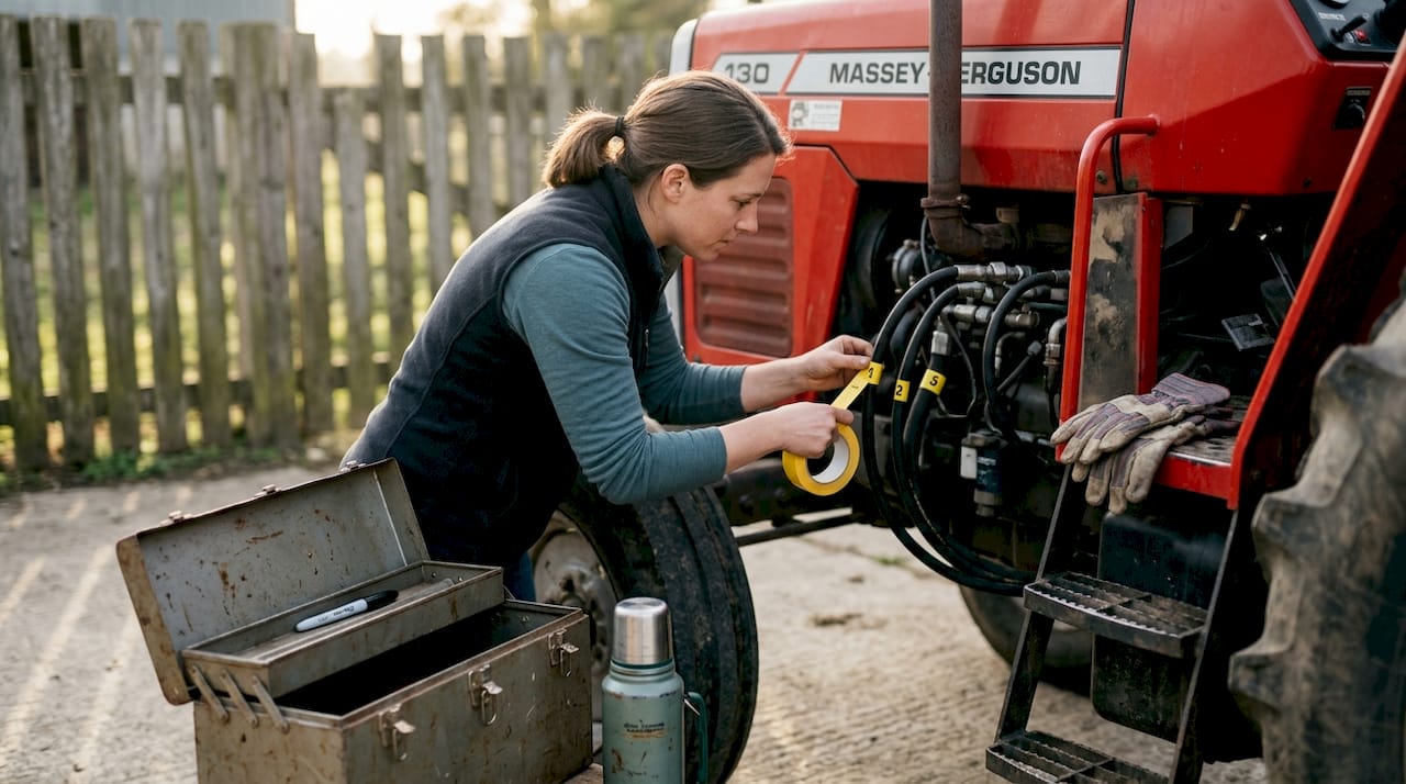 Technician labeling hydraulic hoses during repair
